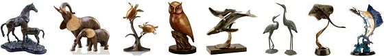 Bronze Metal SPI elephants, horses, turtles,owls. whales, manta rays, sportfishing sculptures