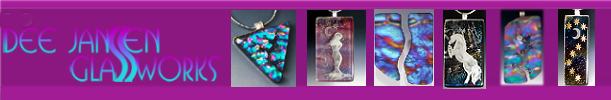Dee Janssen wearable art jewelry, dichroic pendants, necklaces, unicorms, hidden treasure